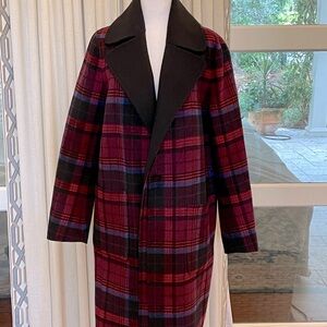Per Se by Carlisle reversible plaid and black heavy boiled wool coat.